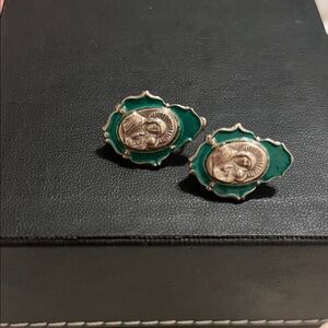 Antique silver and green enamel religious earrings